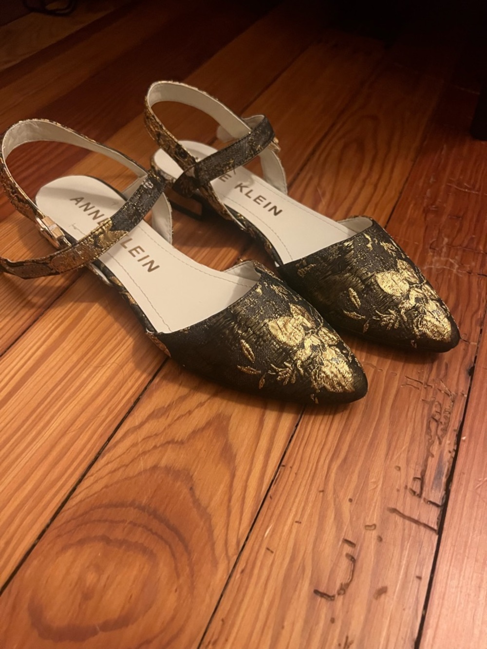 Anne Klein Black and Gold Floral Pointed-Toe Slingbacks